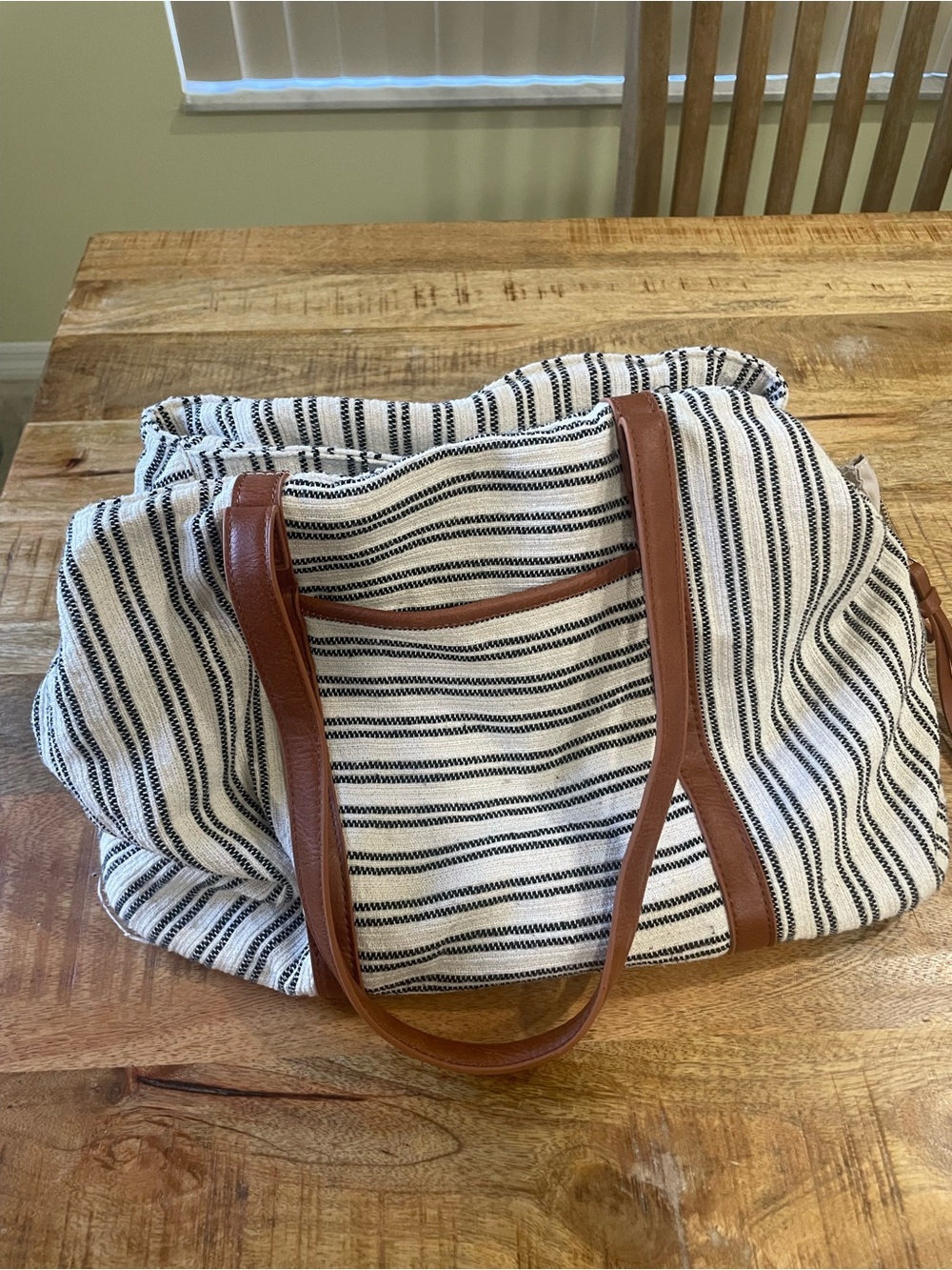 Madison West Striped Canvas Tote Bag with Brown Leather Handles